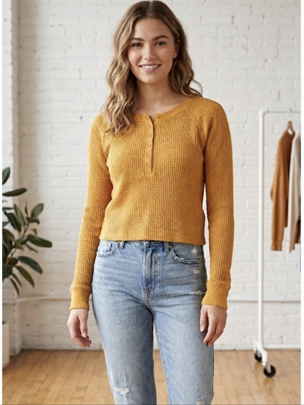NWT American Eagle Mustard Ribbed Henley Sweater Size Medium